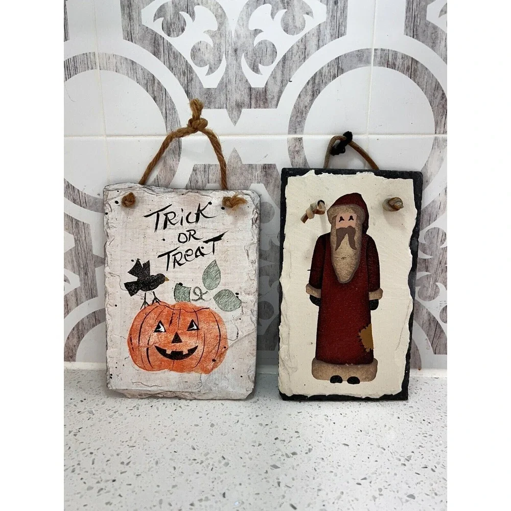 2 Hand Painted Christmas‎ And Halloween Slate Wall Plaque Hanging Country Decor